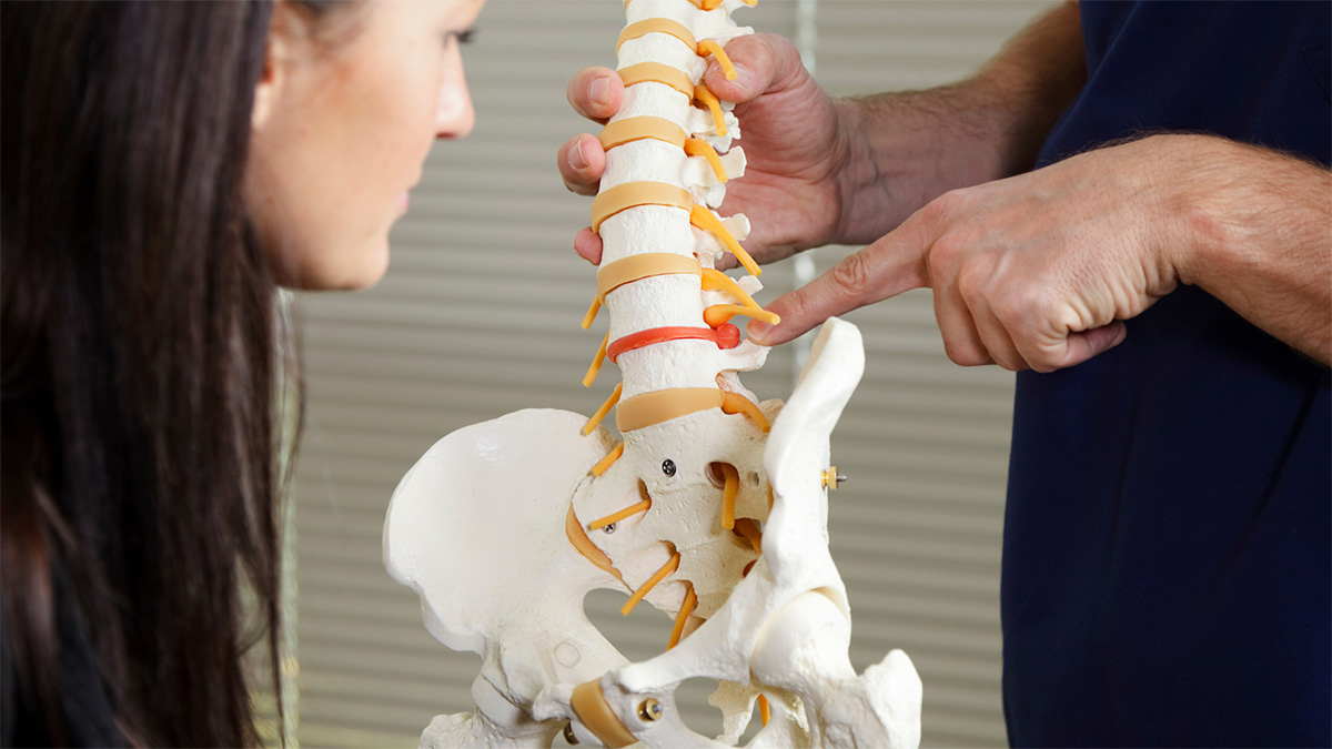 Ein Arzt erklärt einer Patientin anhand eines Modells der Wirbelsäule die Auswirkungen eines Bandscheibenvorfalls.